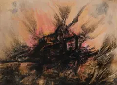 Composition abstraite by Jean Piaubert, Fusain et pastel sur papier, sold Oct 2023