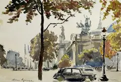 le grand palais by Marc Aynard, Encre et aquarelle sur papier, sold Sep 2023