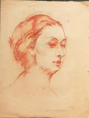 Portrait de femme by Vasyl Khmeluk, Sanguine, sold Sep 2023