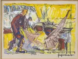 Pêcheurs ravaudant leurs filets by Jef Friboulet, Technique mixte, huile gouache et fusain sur papier, sold Sep 2025