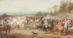 Un équipage militaire escortant un carrosse by Eugène Lami, Aquarelle et rehauts de blanc, sold Mar 2023