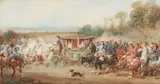 Un équipage militaire escortant un carrosse by Eugène Lami, Aquarelle et rehauts de blanc, sold Mar 2023