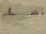 Voiliers près d'un phare by Pierre Brette, Crayon et craie blanche sur papier gris, sold Mar 2023