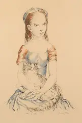 Jeune fille au chat. 1959 by Tsugharu Foujita, Lithographie en couleurs sur vélin, sold Apr 2024