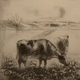 La Vache by Camille Pissarro, 1885, Aquatinte et pointe sèche sur vélin, sans doute épreuve d'essai de l'état définitif, sold Apr 2024