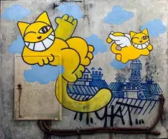 Les murs ou rien 2018 by M. Chat, Acrylique et encre sur un panneau de béton, assemblage de brique, support en bois, sold Oct 2019