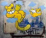 Les murs ou rien 2018 by M. Chat, Acrylique et encre sur un panneau de béton, assemblage de brique, support en bois, sold Oct 2019