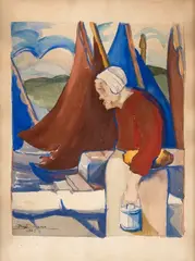 Bretonne sur le quai du port by Joseph Lacasse, 1929, Gouache sur papier, sold Mar 2025