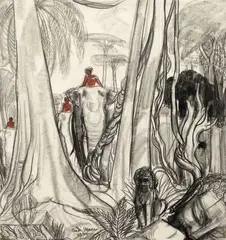 Éléphants dans la jungle by André Maire, 1955, Fusain et sanguine sur papier, sold Mar 2025