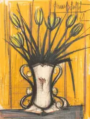 Tulipes jaunes by Bernard Buffet, 1962, Fusain et crayons de couleur sur papier, sold Mar 2025