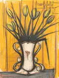 Tulipes jaunes by Bernard Buffet, 1962, Fusain et crayons de couleur sur papier, sold Mar 2025