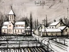 Beaumont, l'église by Bernard Buffet, 1976, Mine de plomb, encre, lavis d'encre et aquarelle sur papier, sold Mar 2025