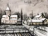 Beaumont, l'église by Bernard Buffet, 1976, Mine de plomb, encre, lavis d'encre et aquarelle sur papier, sold Mar 2025