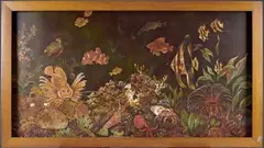 Fonds marins by Le Thy, Panneau en laque polychrome, or et coquille d'œuf, sold Jun 2023