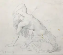 Niobide blessée par une flèche by Eugène Devéria, 1827, Crayon noir, sold Nov 2024