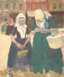 Deux femmes au marché by Fernand Piet, Huile sur carton sur traits de crayon noir, sold Nov 2024