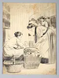 Scène de marché by Fernand Piet, Crayon noir sur traits de crayon bleu, sold Nov 2024