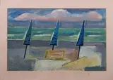 Trois parasols sur la plage by Moses Levy, Gouache sur papier, sold Nov 2024