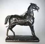 Cheval d'attelage harnaché et bridé by Paul Gayrard, Epreuve en bronze à patine brun nuancée, sold Oct 2020