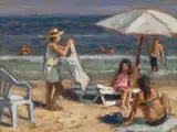 The White Umbrella by Antoine Bittar, 2013, oil on board, sold Jul 2024
