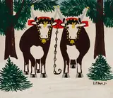 Two Oxen by Maud Lewis, mixed media on board, sold Jun 2024