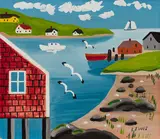 Harbour with Sailboat and Seagulls by Maud Lewis, oil on board, sold Jun 2024