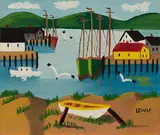 Maritime Harbour with Piers and Dinghy on Shore by Maud Lewis, oil on board, sold Jun 2024