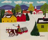 Ox Team with Logs Driven through Village by Maud Lewis, oil on board, sold Jun 2024