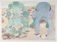 Clam Digging with Earth Transformation by Shuvinai Ashoona, 2012, coloured pencil and ink on paper, sold Jun 2024