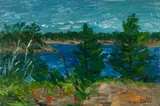 Pines Against Blue Waters by William Goodridge Roberts, oil on board, sold Jun 2024