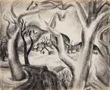 Rock and Tree Landscape, Victoria, BC by Jack Shadbolt, 1939, charcoal on paper, sold Jun 2024