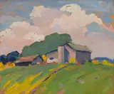 Farmhouse on a Hill by John William Beatty, oil on board, sold Jun 2024