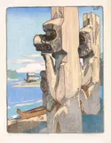 Siwash House Posts, Tsatsisnukomi, British Columbia by Walter J. Phillips, colour woodcut on paper, sold Jun 2024
