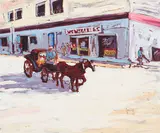 The Flower Vendor by Rod Charlesworth, 1986, oil on board, sold Jun 2024