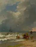 Krabbenfischer am Strand by Andreas Achenbach, 1891, Öl auf Holz, sold Jun 2016