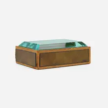 Lidded box by attribution Pietro Chiesa, c. 1940, crystal, suede over wood, leather, sold Mar 2023
