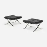 Barcelona ottomans, pair by Ludwig Mies van der Rohe, leather, stainless steel, sold Mar 2023