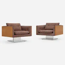 Lounge chairs, pair by Warren Platner, c. 1970, teak, polished aluminum, upholstery, sold Mar 2023