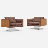 Lounge chairs, pair by Warren Platner, c. 1970, teak, polished aluminum, upholstery, sold Mar 2023