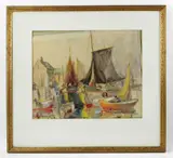 harbor scene with sailboats by Charles R. Knapp, watercolor, sold Dec 2023