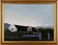 Landscape with a Cape Dutch Farmhouse by Peter Bonney, 1994, oil on card, sold Jul 2022