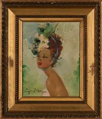 Portrait of a Lady with Floral Hat by Jean-Gabriel Domergue, oil on canvas, sold Jul 2022