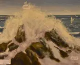 A lively seascape with waves crashing against rocks by M.J. Reeve, oil on board, offered Aug 2023