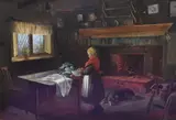 19th century interior scene with child by Charles G. Hards, 1948, oil on canvas, offered Aug 2023