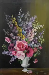 A still life depicting a vase of roses and other by Irene Morphy, oil on board, sold Aug 2023