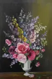 A still life depicting a vase of roses and other by Irene Morphy, oil on board, sold Aug 2023