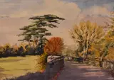 A tree lined path with blue sky above by Veronica Ayre, watercolour, offered Aug 2023