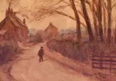 An autumnal landscape depicting a lone figure walking by Albert Pinkham Ryder, watercolour, offered Aug 2023