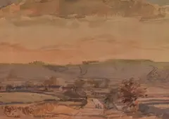Monyash (derbyshire), the scene depicting figures walking along a rural country road leading past houses with rolling, green hills to the distance by George Butler, watercolour, offered Aug 2023