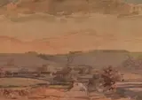 Monyash (derbyshire), the scene depicting figures walking along a rural country road leading past houses with rolling, green hills to the distance by George Butler, watercolour, offered Aug 2023